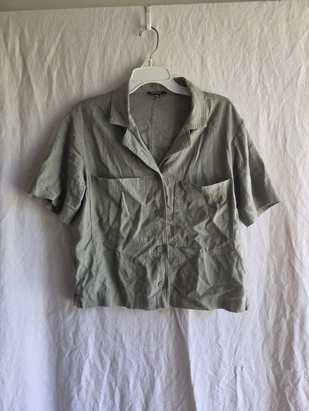 Linen blend Cropped Short-Sleeve Button Front Top size S Boxy Fit Coastal Chic